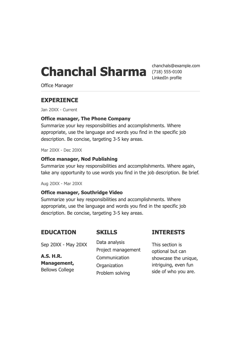 Classic office manager resume - Professional two-column resume highlighting office management experience with clean formatting and print-ready layout.